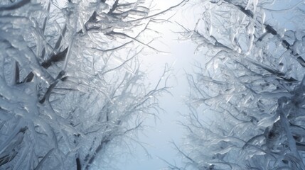  a view looking up at the branches of a tree covered in ice and ice flakes on a sunny day.  generative ai