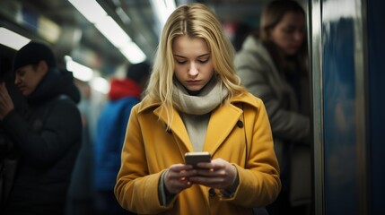 Candid morning shot of a white woman using her smartphone during her subway commute, engrossed in work and connectivity, generative ai