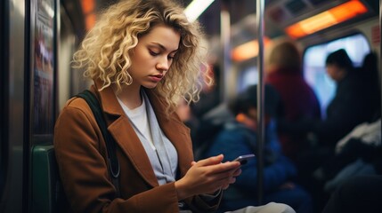Candid morning shot of a white woman using her smartphone during her subway commute, engrossed in work and connectivity, generative ai