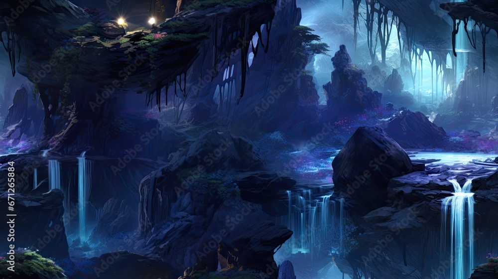 Poster a painting of a waterfall in the middle of a forest with a light at the end of the waterfall in the 