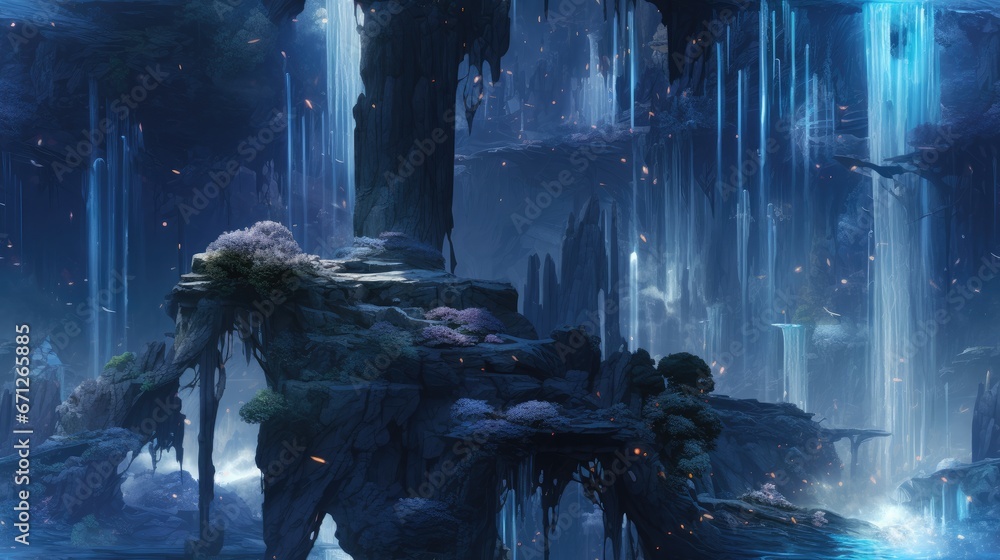 Aufkleber a digital painting of a waterfall in a fantasy land with a waterfall in the background and a waterfa