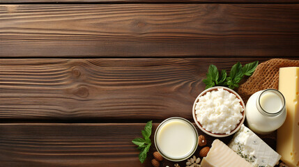Fototapeta na wymiar A set of various dairy products such as cheese, milk on a wooden table background. Diet, food and drink concept. Flat lay, copy space, isolated. Design for banner, cards, posters. 