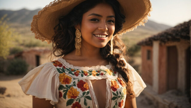 Bellissima ragazza messicana con capelli lunghi e vestito tipico sorride. Sullo sfondo il panorama del Messico.