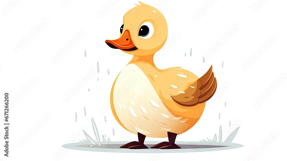 Poster a yellow duck standing in the rain with its head turned to the side and it's eyes wide open. generat
