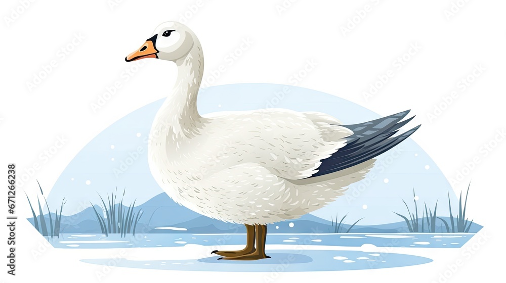 Poster a white duck standing in the water with a snowflake on it's back and a blue sky in the background. g