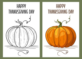 Happy Thanksgiving Day greeting cards set. Pumpkin line art ink style and colored