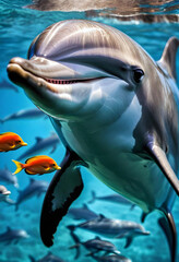 close-up portrait of a dolphin underwater. generative ai