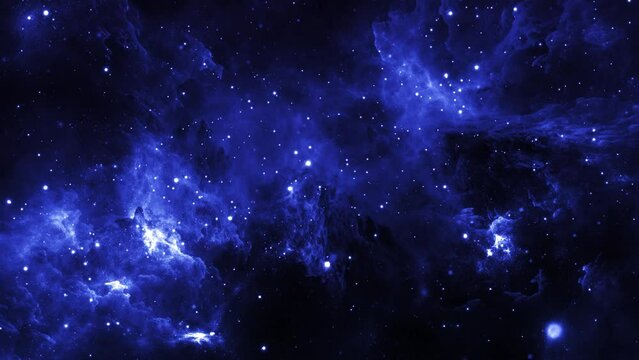 Universe with stars, nebulae and galaxy. Blue dark night sky with many stars. Artistic visualization. Space. A stars, planets, nebulas. 3D rendering. 4k animation.