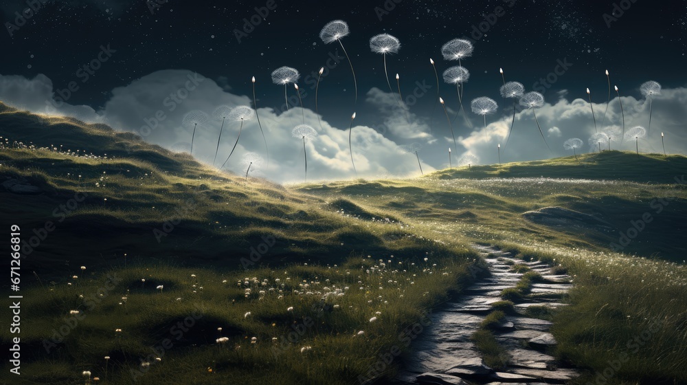 Poster a painting of a path leading to a field with jellyfish floating in the sky over the top of it. gener