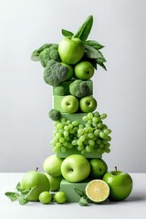 A pyramid of balancing fresh green vegetables, fruits. Vegetarianism, healthy eating. AI generating