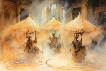Whirling sandstorm djinns, granting three wishes to those who find their lamp - Generative AI - obrazy, fototapety, plakaty