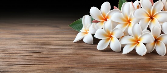 A plumeria flower in white color set against a backdrop of wooden material