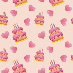 birthday cake with candles, hearts pink seamless pattern background. watercolor holiday print for wrapping gifts, stickers. Happy Birthday, valentine's day, Merry Christmas cards design, wallpaper