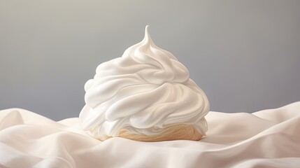  a cupcake covered in white frosting sitting on top of a bed of white sheets on a gray background.  generative ai