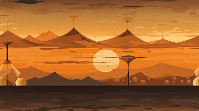  a digital painting of a desert landscape with mountains and a full moon in the distance with a red sky in the background.  generative ai