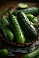 Juicy fresh cucumbers in an bowl on a wooden background. Vegetables, farming. AI generating