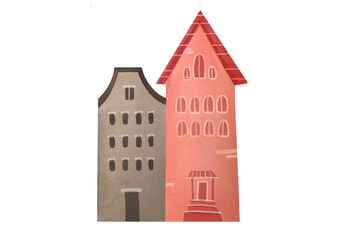 suburban stone European house set isolated on transparent background. Watercolor hand drawn illustration of vintage brick estate on old street. architecture, Cozy residence clipart and cutout