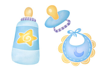 Newborn boy set blue cute pacifier, baby bottle,  bib, apron. Hand drawn watercolor illustration isolated on transparent background. cut out stickers collection of newborn things hand painted art © Kisandaya