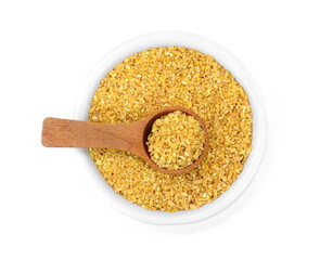 Raw Bulgur in a bowl Isolated on a white background. Raw bulghur, dry cracked parboiled wheat groats, cereal 