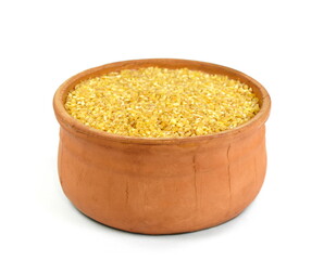 Raw Bulgur in a bowl Isolated on a white background. Raw bulghur, dry cracked parboiled wheat groats, cereal 