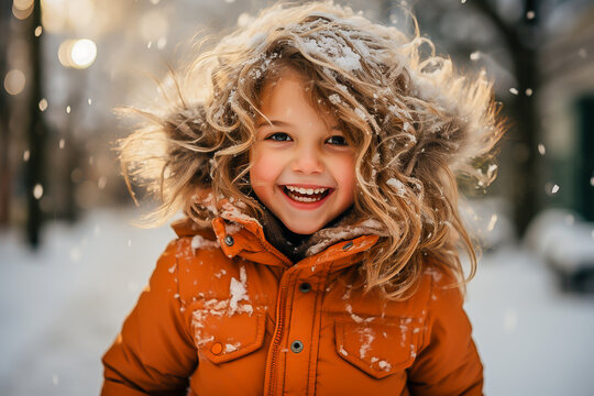 portrait of a happy child with blonde hair in winter clothes on a walk