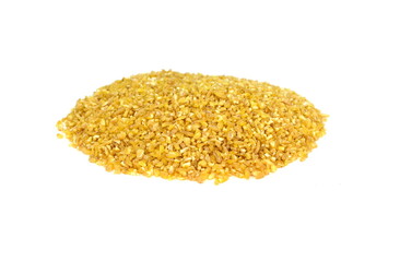 Pile of bulgur raw grain isolated at white background. 