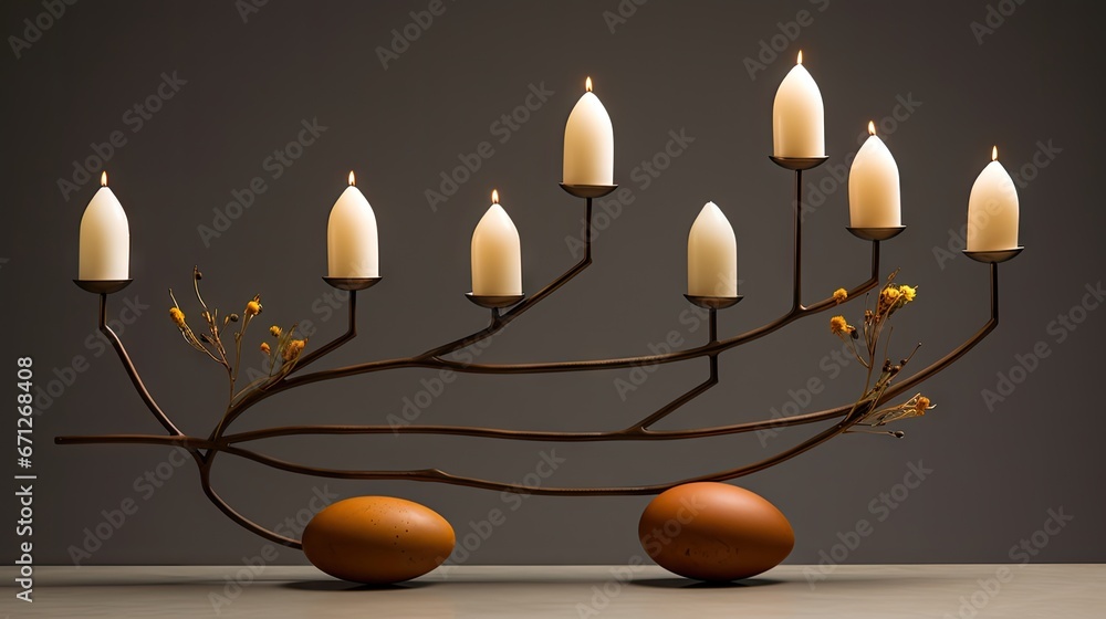 Poster a group of candles sitting on top of a table next to an egg on top of a branch with yellow flowers. 