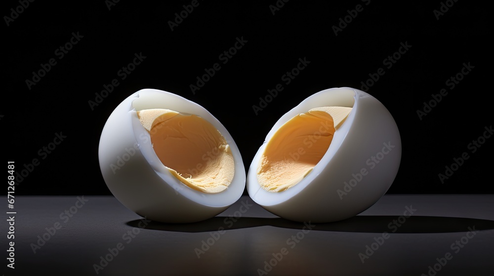 Poster  two halves of an egg sitting on top of a table next to each other on top of a black surface.  generative ai