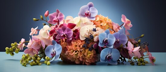 A mixture of vibrant hydrangeas and orchids arranged together enhances the appearance of a table during a meal