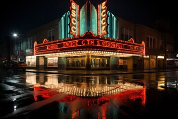 an Art Deco theater marquee illuminated at night