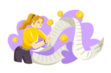Financial literacy concept. Smiling woman holding check or list to reduce expenses. Character manages his personal budget, invests money and makes savings. Cartoon flat vector illustration
