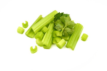 Heap of celery sticks isolated on white background. Celery isolated on white background.