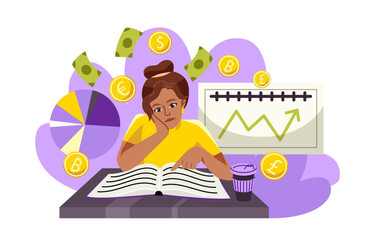 Financial literacy concept. Woman sits at table and reads book on economics to gain education in finance and investing. Character manages personal budget. Cartoon flat vector illustration