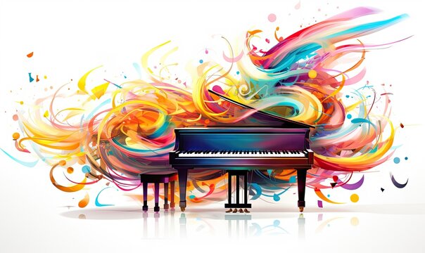 some musical notes flying around a piano Generative AI