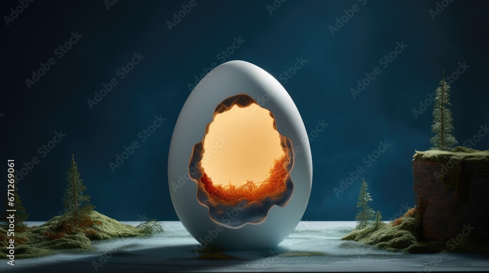 Poster an egg shaped like a hole in the middle of a snowy landscape with trees and bushes in front of it. g