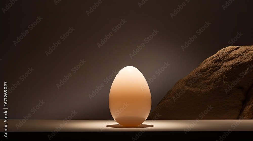 Poster a large egg sitting on top of a table next to a large rock and a light on the side of the table. gen