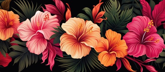 A depiction set against a dark backdrop A seamless design capturing the essence of summer in Hawaii featuring vibrant tropical foliage and hibiscus blooms in shades of pink red and orange
