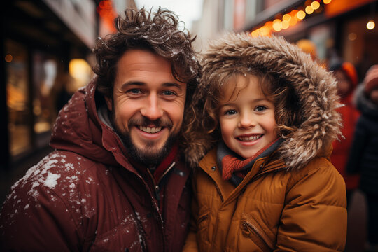 Candid Portrait Of Happy Father With Cheerful Kid On The Urban Street During Winter Holidays