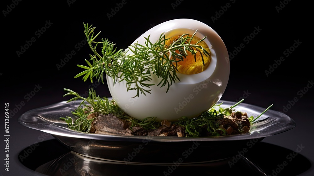 Poster a close up of a plate of food with an egg and a sprig of grass on top of it. generative ai