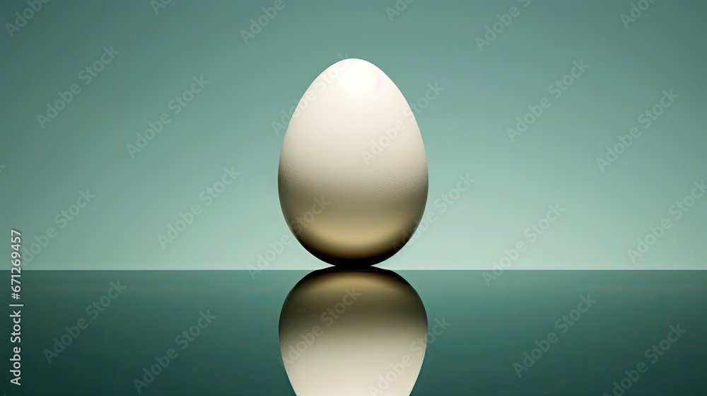 Poster a white egg sitting on top of a table next to a green and blue background with a reflection of the e