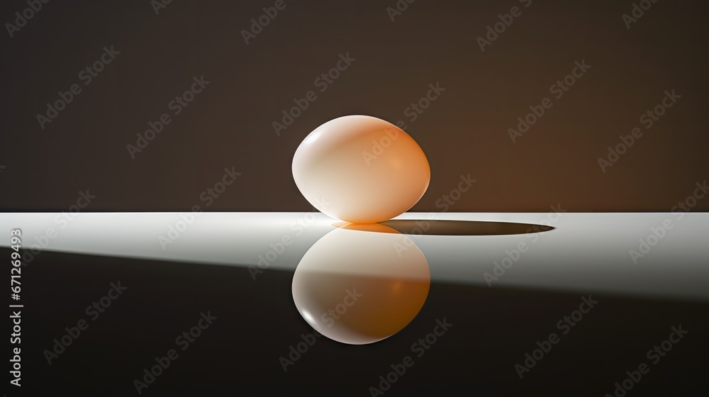 Poster an egg sitting on top of a table next to a reflection of it's light on the surface of the table. gen