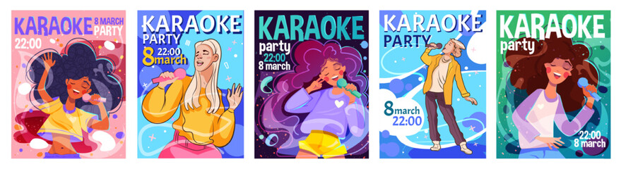 Karaoke party invitation set. Characters with microphones sing songs at music festival. Promotional flyer for vocal event or concert. Cartoon flat vector collection isolated on white background