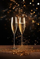 New Year background with glasses and champagne, golden bokeh on a black background