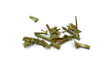 herbal medicine - dry ingredient chicory branches, for the preparation of medicinal broth in a cup, isolated, white background