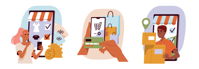 Online shopping illustration set. Men and women make purchases using smartphone, pay for orders online and receive delivery. Ecommerce and Online retailer. Cartoon flat vector isolated collection