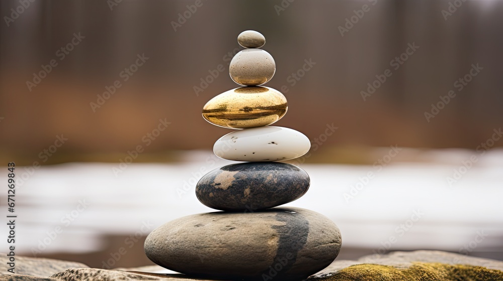 Aufkleber a stack of rocks sitting on top of each other in front of a body of water with trees in the backgrou