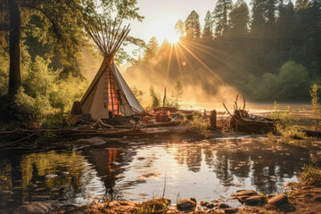 Native American wigwam encampment by the river in the Wild West frontier, showing the rich cultural heritage and traditional dwelling practices - obrazy, fototapety, plakaty