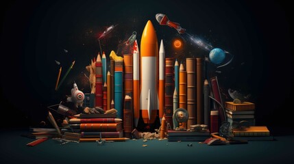 Back to school theme with rocket, book and colored pencils background