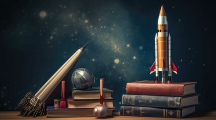 Back to school theme with rocket, book and colored pencils background