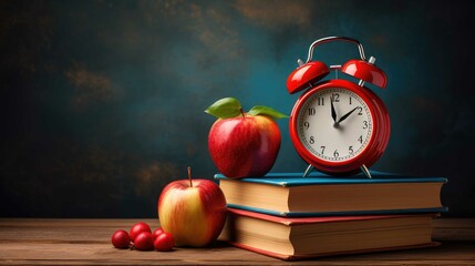 Back to school concept with books, apple, watches and school staff stationery copy space banner background